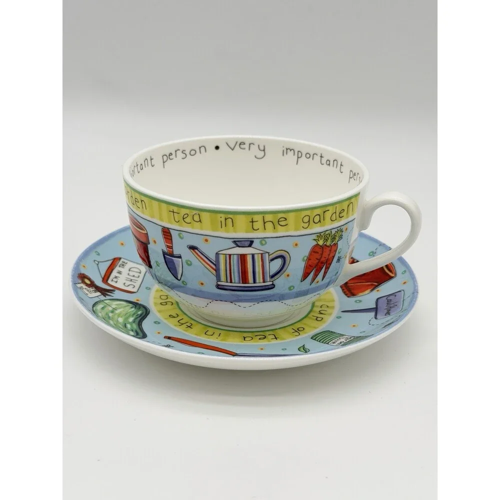 Royal Worcester England Cup & Saucer Set Tea in the Garden Blue 2005 Porcelain